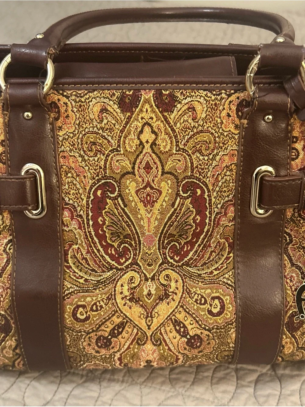 Etienne Aigner Tapestry Paisley Shoulder Bag Brown Multi Pocket